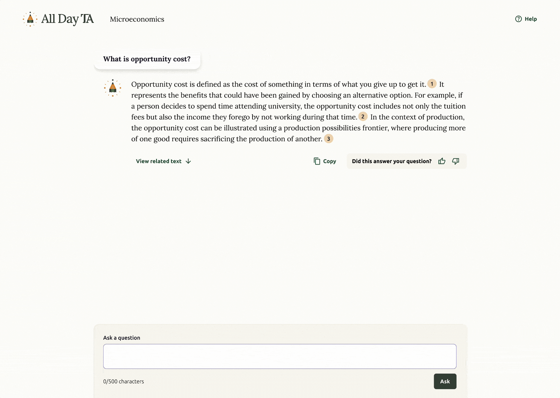Animation showing a student asking a follow-up question about microeconomics. The AI assistant provides an answer about how opportunity cost differs from marginal cost with "View related text" and "Copy answer" buttons and "Did this answer your question" with rating buttons visible below the answer.