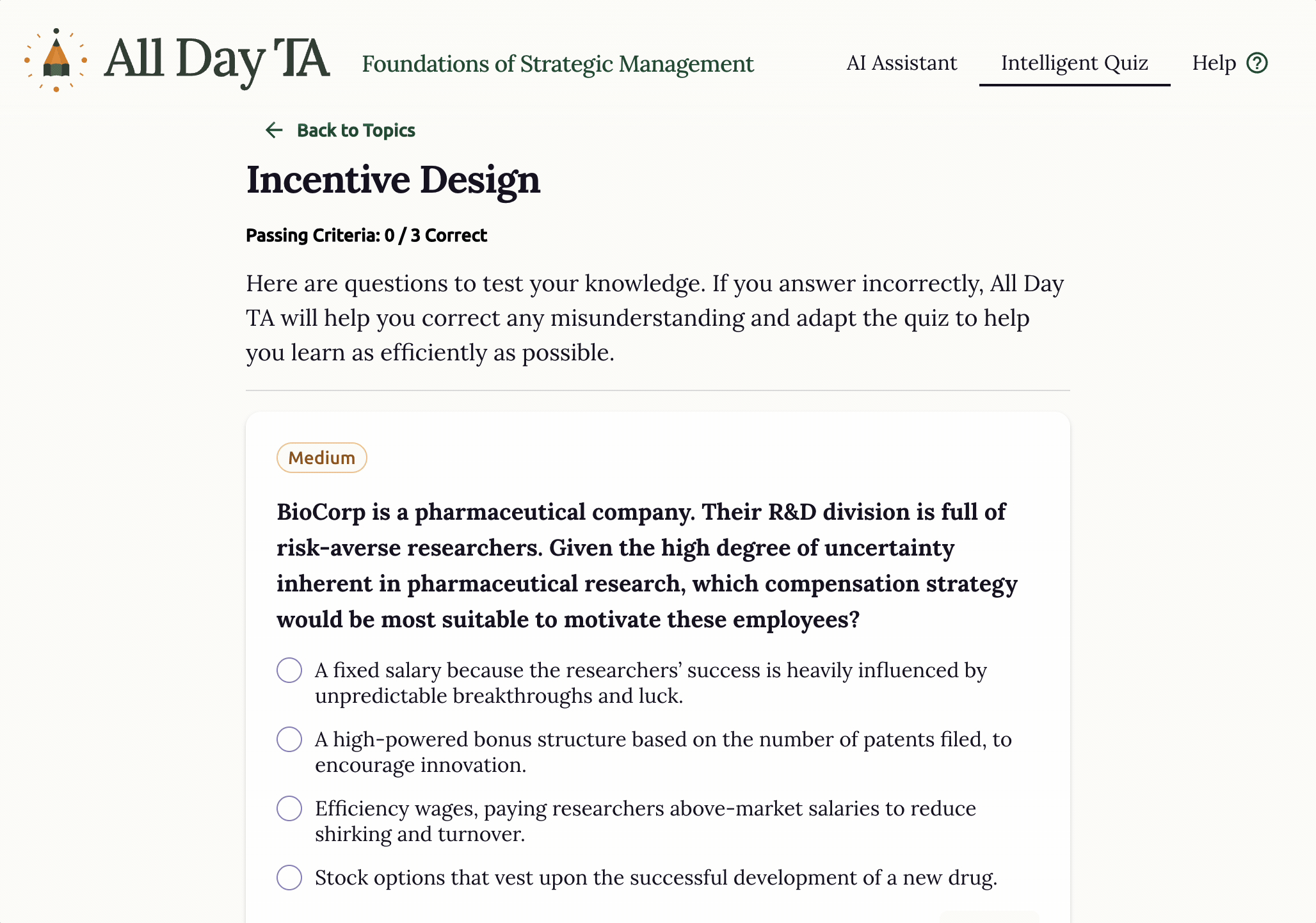 Animation showing a student answering a question in intelligent quiz. Intelligent Quiz notes the answer as incorrect and prompts the student for an explanation.