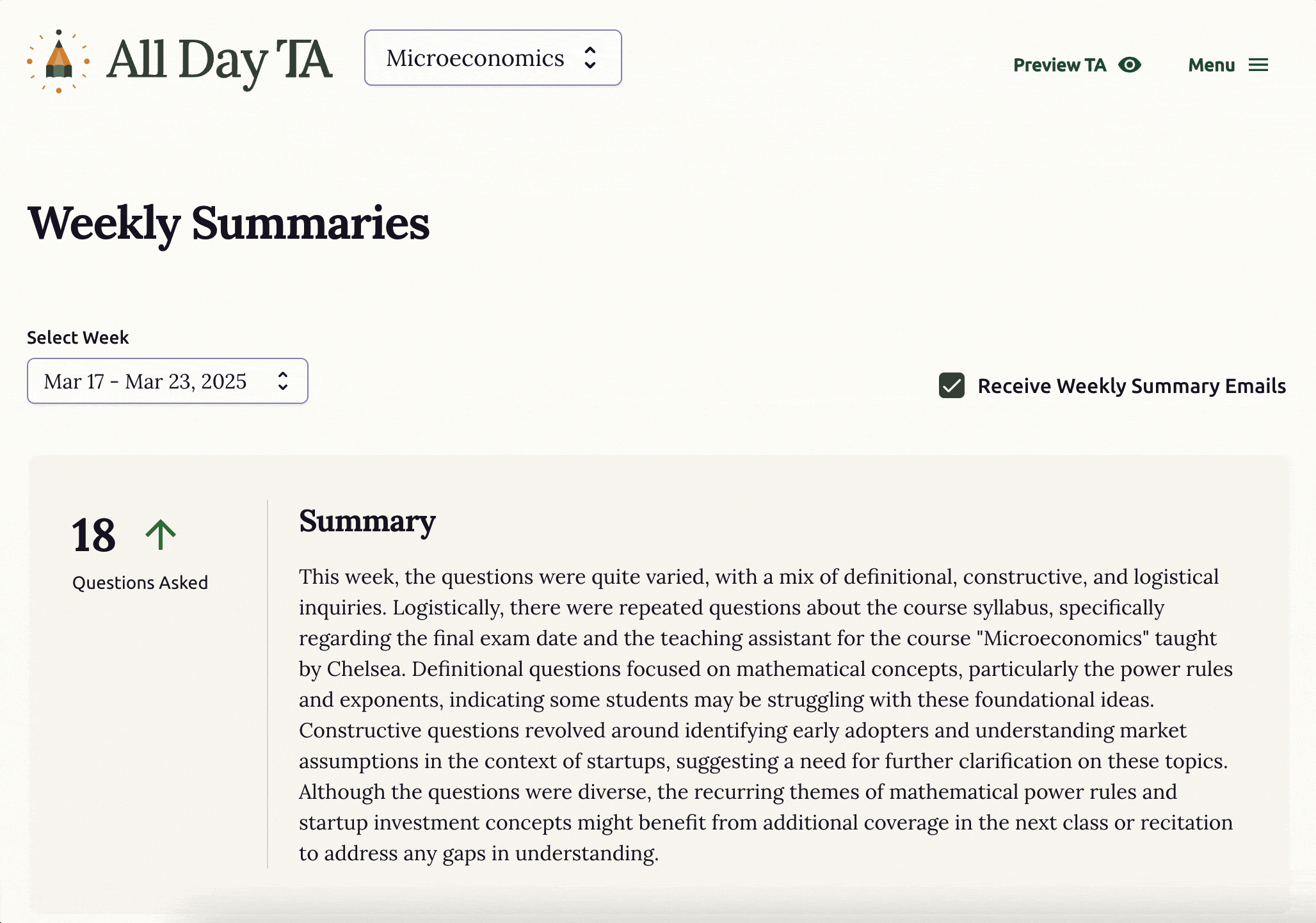 Animation displaying the Weekly Summaries screen. A number of questions asked and up arrow, indicating an increase in questions, are shown next to a summary paragraph of what students were asking about in the last week. Scrolling down shows a list of individual questions asked, with a button to see the answer.